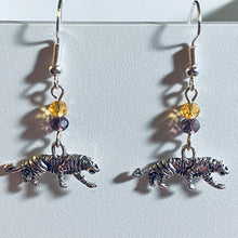 Load image into Gallery viewer, LSU Tigers sports fan small silvertone tiger earring with purple and gold crystal beads
