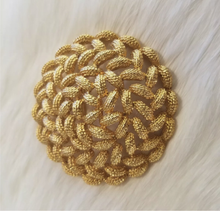 Load image into Gallery viewer, Bright goldtone vintage Monet intricately woven circular rope brooch Etruscan Greco-Roman Celtic SCA
