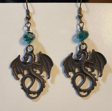 Load image into Gallery viewer, Flying dragon earrings in gold, bronze, or silver: UAB Blazers, Game of Thrones fantasy creatures, sports fan jewelry
