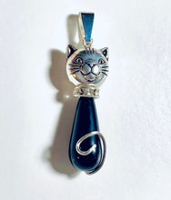Load image into Gallery viewer, Cat Pendant: silvertone and Czech glass teardrop cat pendant with leather cord or silvertone chain
