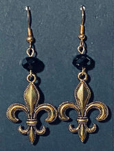 Load image into Gallery viewer, Fleur-de-lis earring in antique goldtone or silvertone w/ optional 8mm crystal or gemstone bead French symbol New Orleans Saints sports fan
