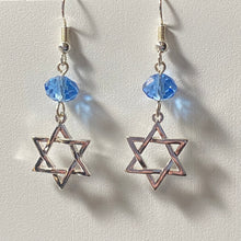 Load image into Gallery viewer, Light blue crystal and silvertone Star of David earrings Jewish faith jewelry
