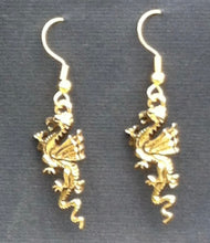 Load image into Gallery viewer, Dragon Rampant - goldtone pewter dragon earrings UAB Blazer fan, sports fan, fantasy Game of Thrones
