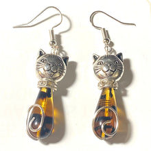 Load image into Gallery viewer, Tortoiseshell Cat: silvertone and amber/black Czech glass teardrop cat earrings
