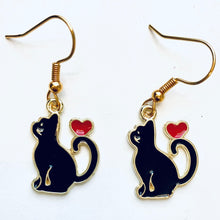 Load image into Gallery viewer, Black Cat or White Cat with heart enamel charm earrings 3 styles cat lover cat lady gift

