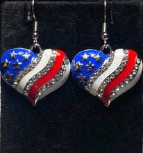 Load image into Gallery viewer, American Heart patriotic rhinestone and enamel flag earrings stars and stripes 4th of July holiday jewelry

