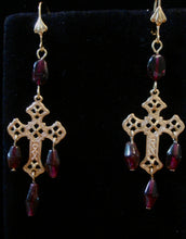Load image into Gallery viewer, Garnet and gold or silver filigree cross earrings with sterling or 14k gold-filled earwires
