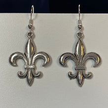 Load image into Gallery viewer, Fleur-de-lis large beaded edge earring in goldtone or silvertone w/ optional 8mm crystal or gemstone bead French symbol New Orleans Saints sports fan
