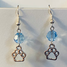 Load image into Gallery viewer, Helena Huskies paw print sports fan earrings withchoice of crystal or pearl bead in team colors
