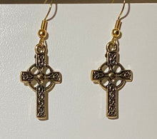 Load image into Gallery viewer, Celtic cross earrings in goldtone or silvertone w/ optional gemstone bead
