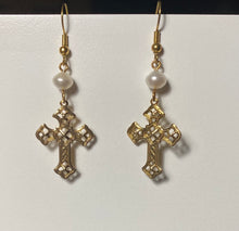 Load image into Gallery viewer, Goldtone filigree cross earrings with freshwater pearl
