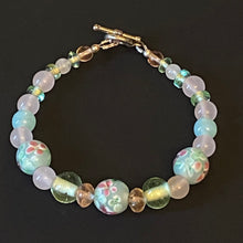 Load image into Gallery viewer, Dreams of Spring rose quartz and floral lampwork glass bead bracelet
