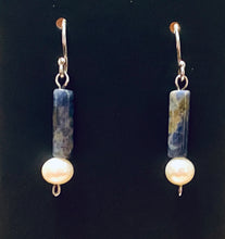 Load image into Gallery viewer, Roman style sodalite gemstone and freshwater pearl sterling silver earrings
