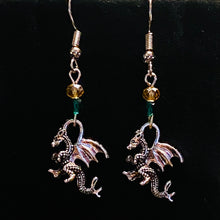 Load image into Gallery viewer, UAB Blazers sports fan small silvertone dragon earrings with gold and green crystal beads
