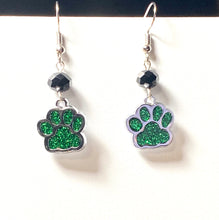 Load image into Gallery viewer, Pelham Panthers sports fan green and black paw print earrings
