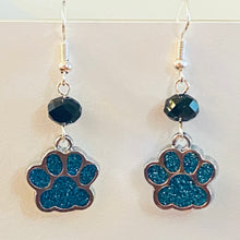 Load image into Gallery viewer, Paw print sports fan earrings: Tigers, Lions, Bulldogs, Wildcats, Huskies, Panthers, Jaguars: choice of team color with or without crystal bead.
