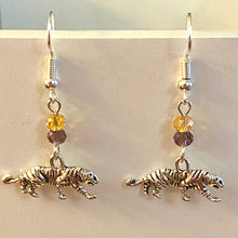 Load image into Gallery viewer, LSU Tigers sports fan small silvertone tiger earring with purple and gold crystal beads
