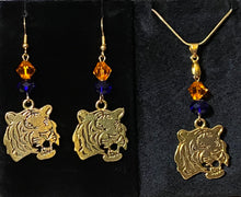 Load image into Gallery viewer, Auburn Tigers earrings in goldtone w/ optional crystal beads; Auburn University, LSU or Clemson sports fan
