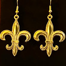 Load image into Gallery viewer, Fleur-de-lis large beaded edge earring in goldtone or silvertone w/ optional 8mm crystal or gemstone bead French symbol New Orleans Saints sports fan
