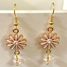 Load image into Gallery viewer, Flower Power: pink enamel boho flower earrings with crystal bead
