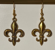 Load image into Gallery viewer, Fleur-de-lis earring in antique goldtone or silvertone w/ optional 8mm crystal or gemstone bead French symbol New Orleans Saints sports fan
