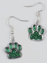 Load image into Gallery viewer, Pelham Panthers sports fan green and black paw print earrings
