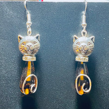 Load image into Gallery viewer, Tortoiseshell Cat: silvertone and amber/black Czech glass teardrop cat earrings
