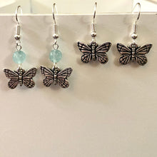 Load image into Gallery viewer, Butterfly earrings in silver or goldtone with optional gemstone bead

