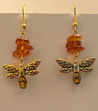 Load image into Gallery viewer, Dragonfly In Amber II goldtone or silvertone dragonfly earrings with genuine Baltic Amber Outlander fan gift jewelry

