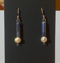 Load image into Gallery viewer, Roman style sodalite gemstone and freshwater pearl sterling silver earrings

