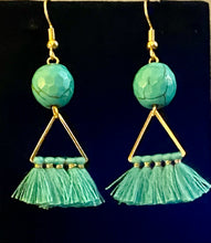 Load image into Gallery viewer, Turquoise Dream: goldtone and turquoise blue beaded boho tassel earrings
