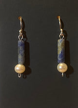 Load image into Gallery viewer, Roman style sodalite gemstone and freshwater pearl sterling silver earrings
