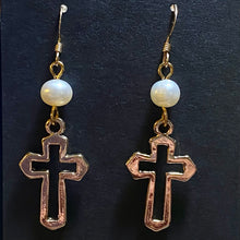 Load image into Gallery viewer, Freshwater pearl and goldtone open cross earrings Christian faith jewelry

