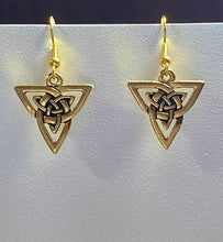 Load image into Gallery viewer, Triquetra or Trinity Knot goldtone earrings, with optional gemstone bead
