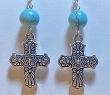 Load image into Gallery viewer, Antique silvertone floral Mexican style Talavera cross
