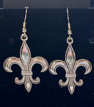 Load image into Gallery viewer, Fleur-de-lis large beaded edge earring in goldtone or silvertone w/ optional 8mm crystal or gemstone bead French symbol New Orleans Saints sports fan
