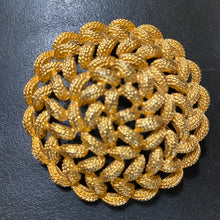 Load image into Gallery viewer, Bright goldtone vintage Monet intricately woven circular rope brooch Etruscan Greco-Roman Celtic SCA

