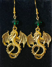 Load image into Gallery viewer, Flying dragon earrings in gold, bronze, or silver: UAB Blazers, Game of Thrones fantasy creatures, sports fan jewelry
