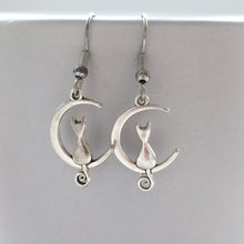 Load image into Gallery viewer, Cat on the Moon silvertone cute cat silhouette earrings - cat mom cat lover gift
