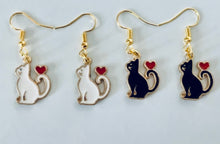 Load image into Gallery viewer, Black Cat or White Cat with heart enamel charm earrings 3 styles cat lover cat lady gift
