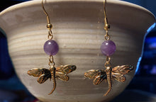 Load image into Gallery viewer, Dragonfly earrings in silvertone or goldtone with gemstone or crystal bead
