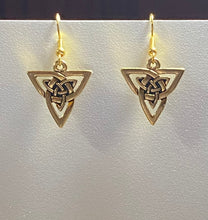 Load image into Gallery viewer, Triquetra or Trinity Knot goldtone earrings, with optional gemstone bead
