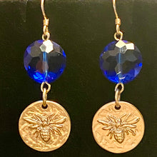 Load image into Gallery viewer, Bee Royal: matte goldtone and royal blue honeybee earrings Outlander fan beekeeper bee lover gift
