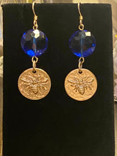 Load image into Gallery viewer, Bee Royal: matte goldtone and royal blue honeybee earrings Outlander fan beekeeper bee lover gift
