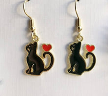 Load image into Gallery viewer, Black Cat or White Cat with heart enamel charm earrings 3 styles cat lover cat lady gift
