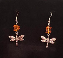 Load image into Gallery viewer, Dragonfly In Amber II goldtone or silvertone dragonfly earrings with genuine Baltic Amber Outlander fan gift jewelry

