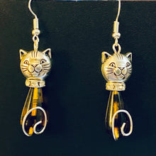 Load image into Gallery viewer, Tortoiseshell Cat: silvertone and amber/black Czech glass teardrop cat earrings
