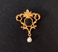 Load image into Gallery viewer, Vintage Avon Victorian Art Nouveau Renaissance ornate gold filigree onyx brooch w freshwater pearl dangle la
