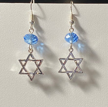 Load image into Gallery viewer, Light blue crystal and silvertone Star of David earrings Jewish faith jewelry
