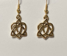 Load image into Gallery viewer, Celtic heart earrings with triquetra knot, goldtone
